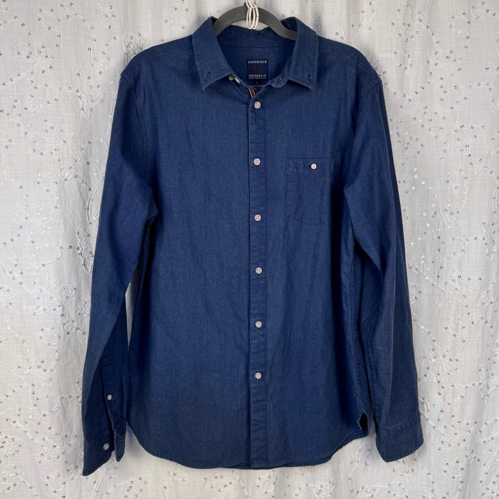 Goodale Men’s Button-Up Shirt – Large – Linen Cotton Blend – Denim Blue